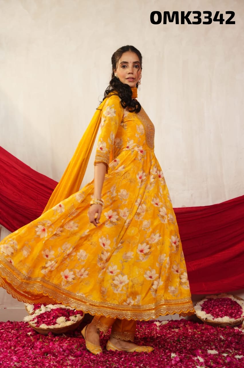 Yellow floral real mirror work anarkali kurta set
