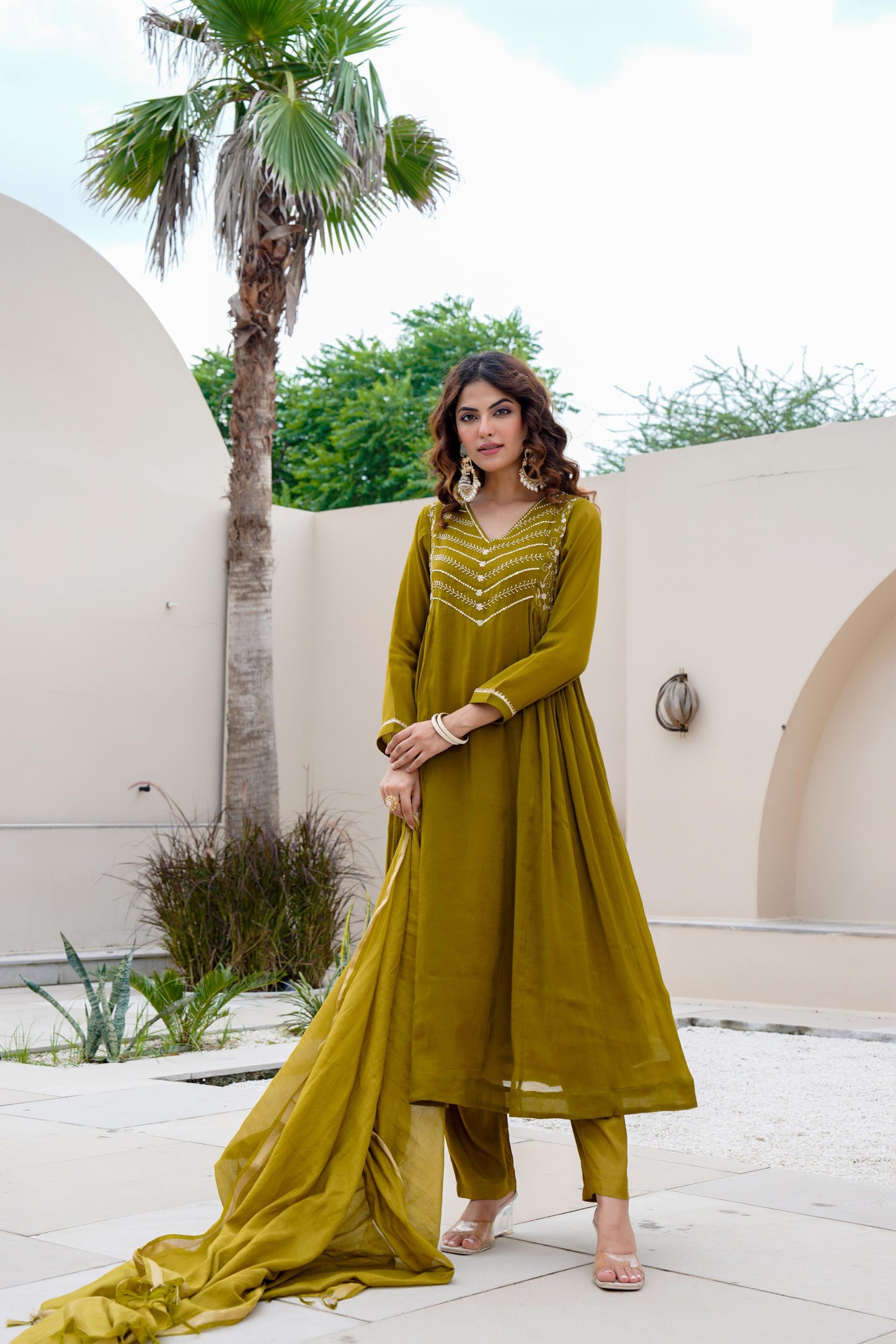 Green pure mul chanderi stunning A line suit