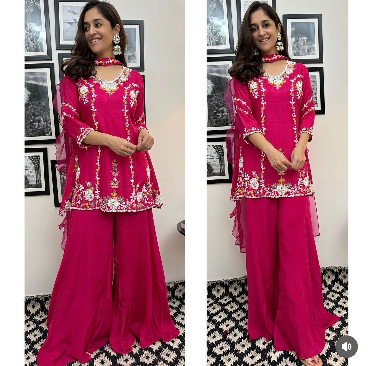 Hot pink stunning shaarara set with handwork and ruffle dupatta