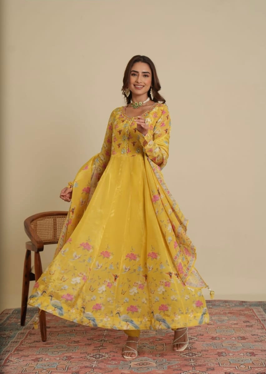 Lemon Yellow elegant floral anarkali kurta set