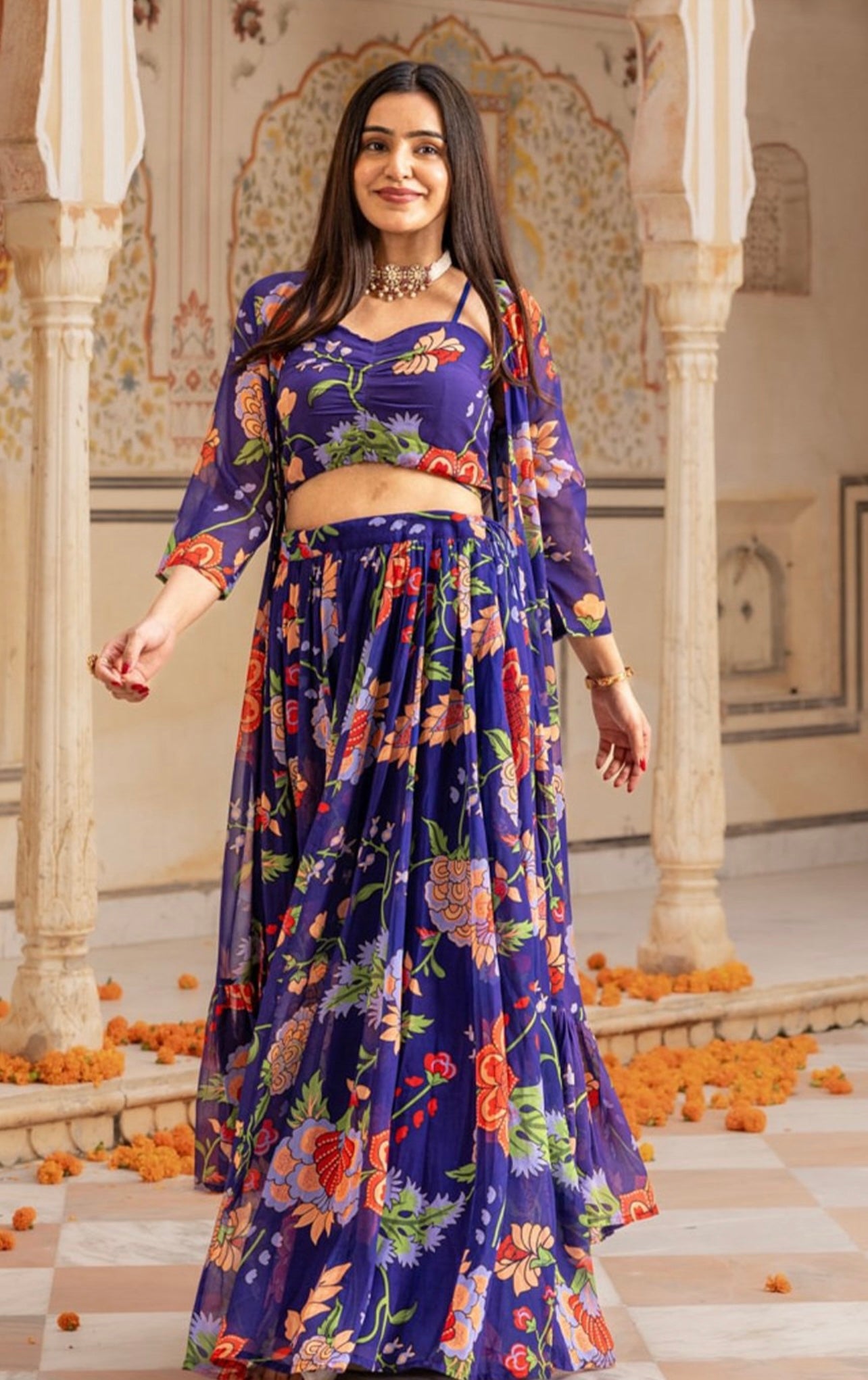 Purple floral crop top skirt and shrug co-ord set