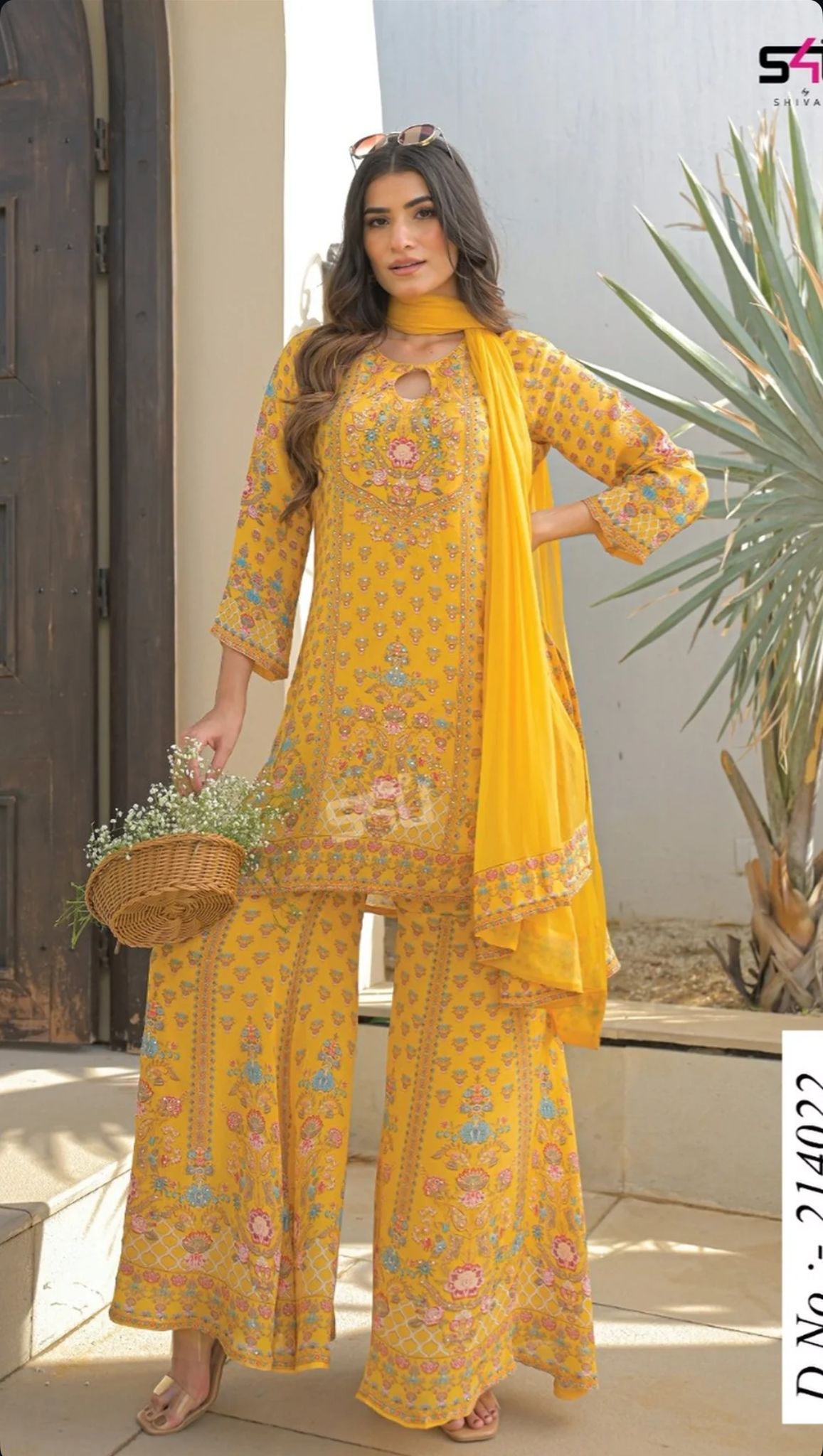 Yellow pure crepe flowy sharara suit