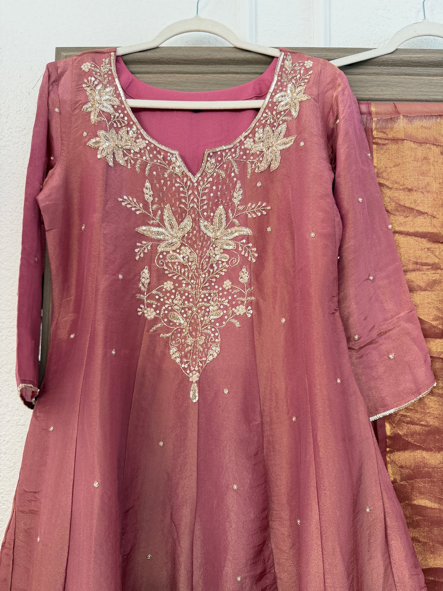 Pink super elegant handwork tissue anarkali kurta set