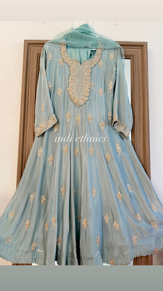 Ice blue stunning heavy handwork anarkali kurta set