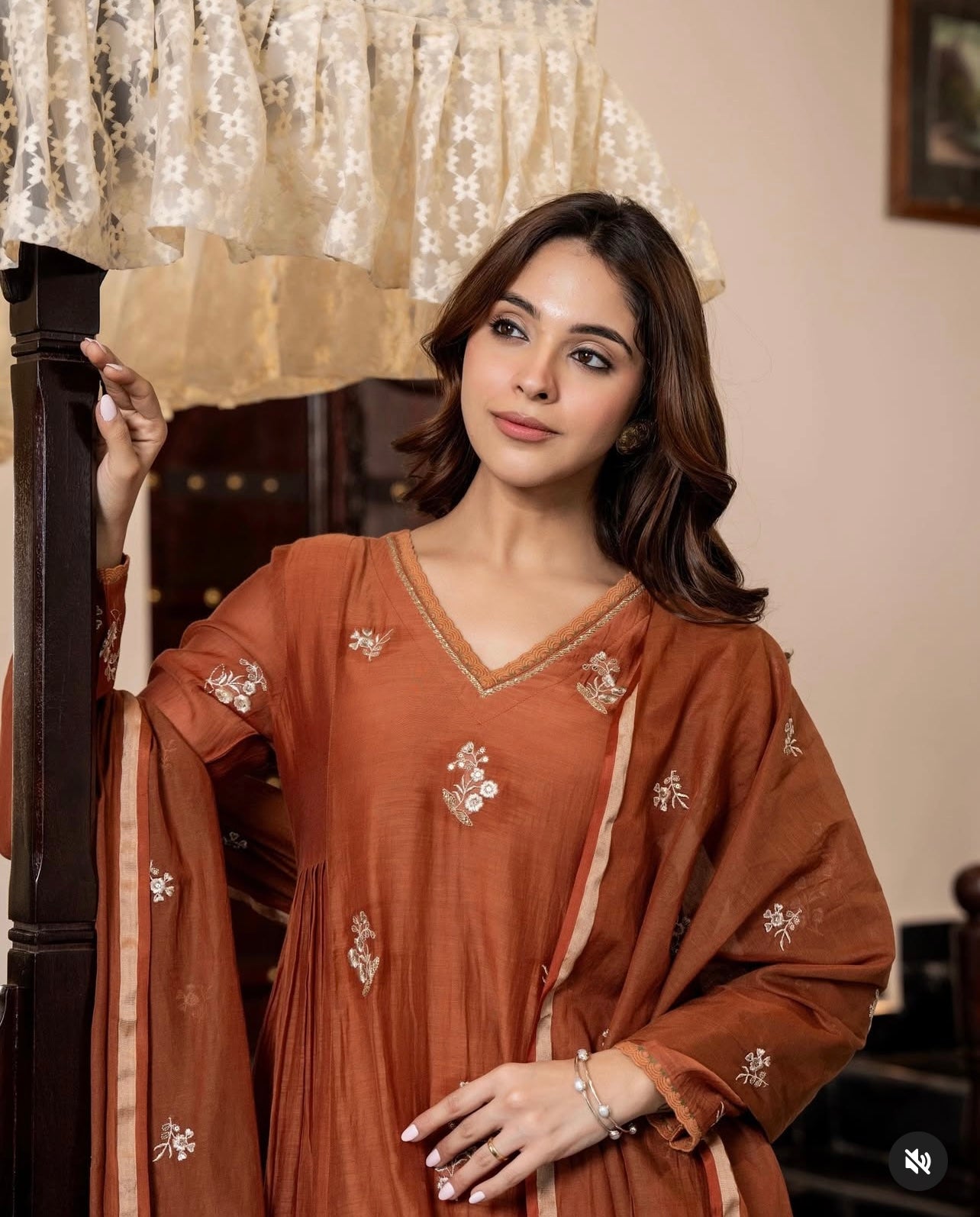 Rust pure mul chanderi embroidered suit