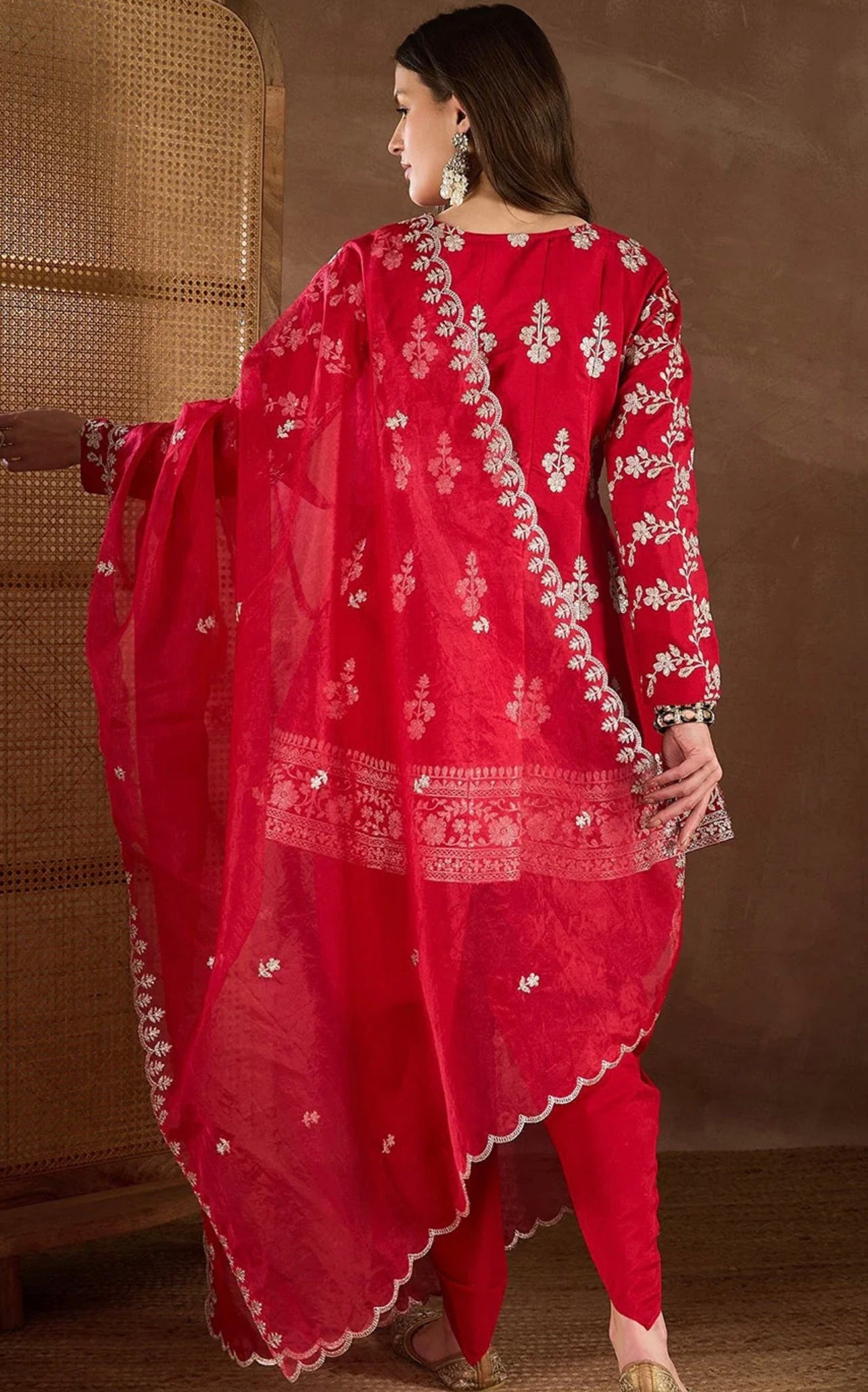 Red embroidered partywear short anarkali and dhoti set