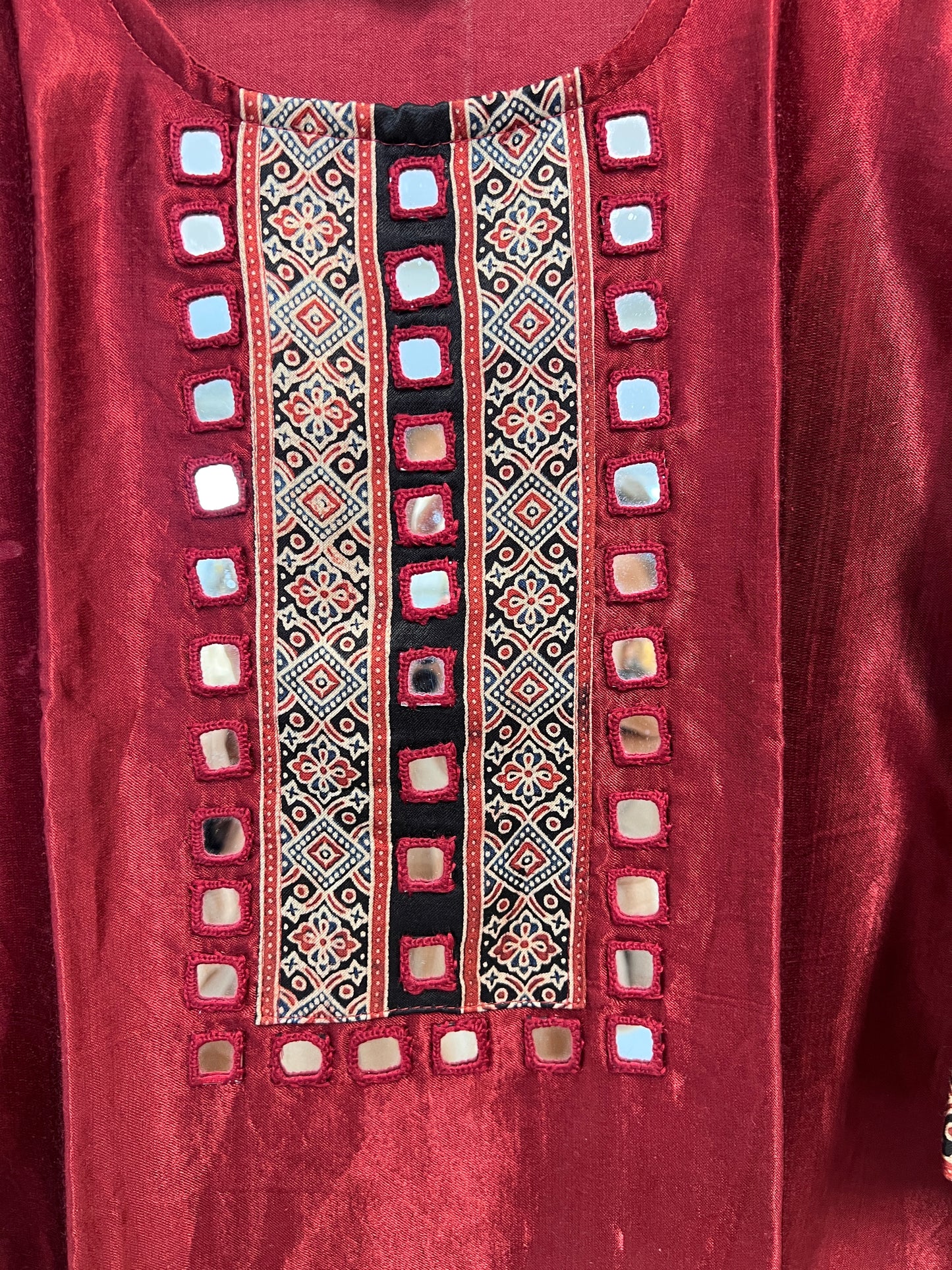 Maroon pure gaji silk kacchi work kurti with real mirror work