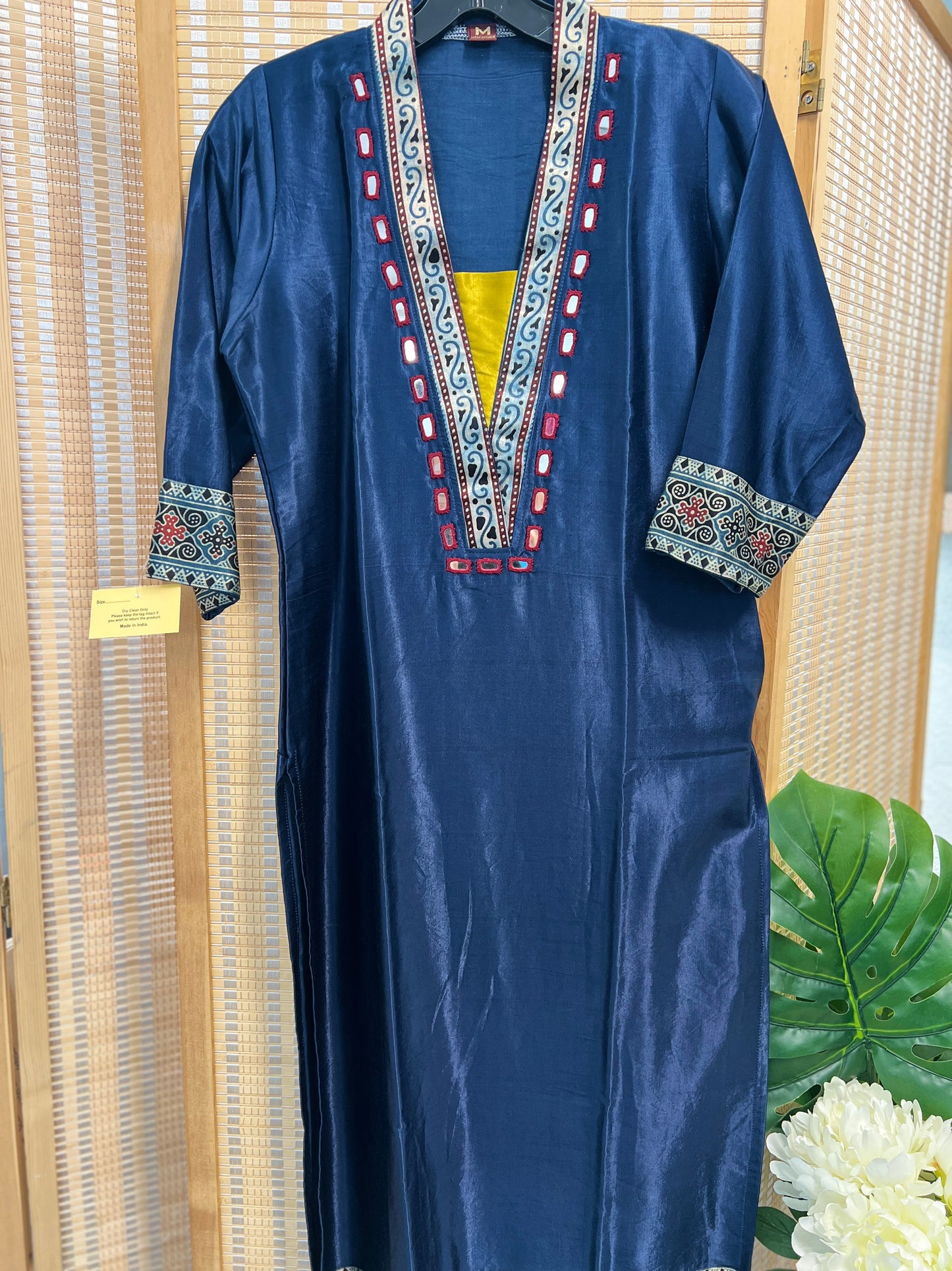Navy Blue Pure gaji silk v neck kurti with real mirror work
