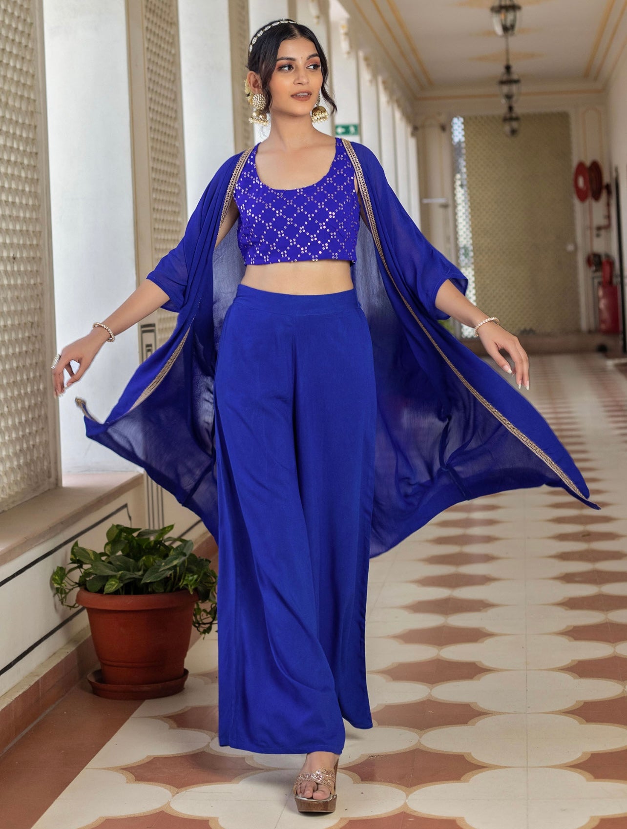 Blue sequin work crop top palazzo and shrug