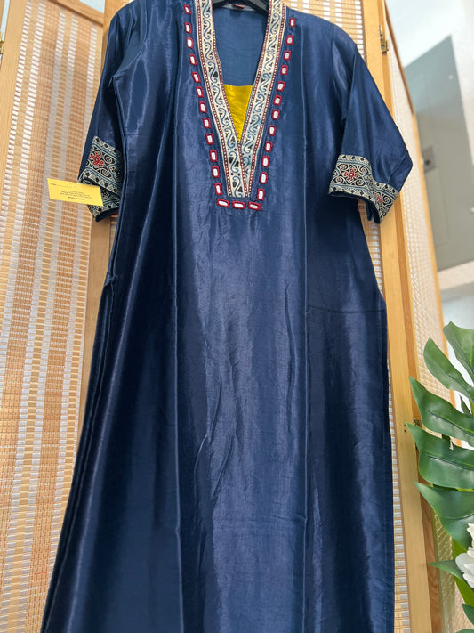 Navy Blue Pure gaji silk v neck kurti with real mirror work