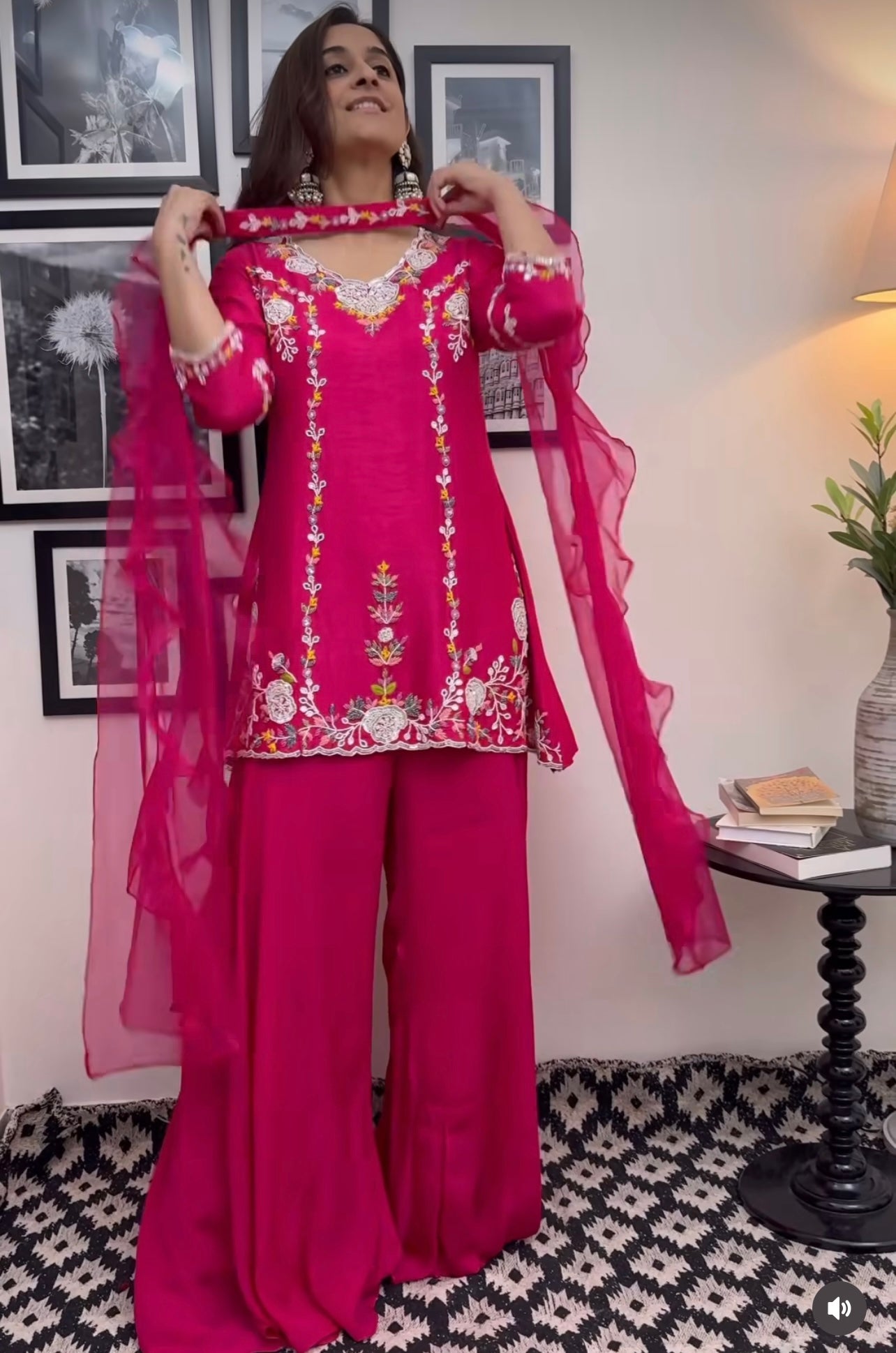 Hot pink stunning shaarara set with handwork and ruffle dupatta