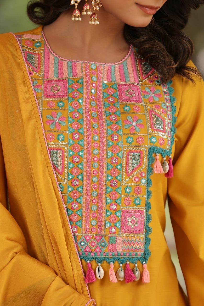 Yellow embroidered yoke kurta set