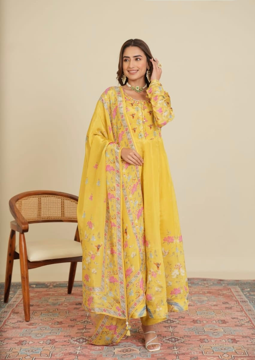 Lemon Yellow elegant floral anarkali kurta set