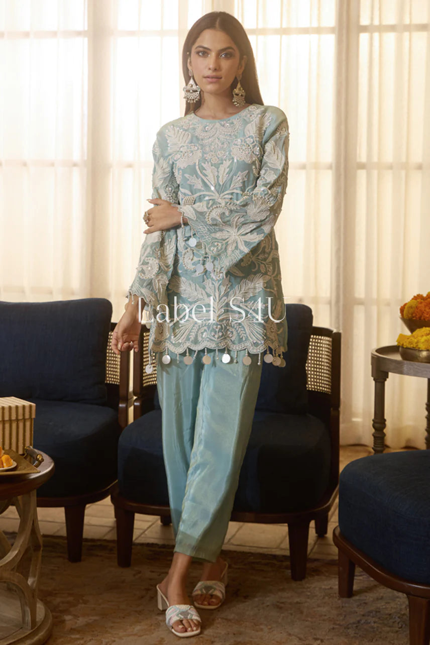 Aqua heavy emboridered partywear co-ord set