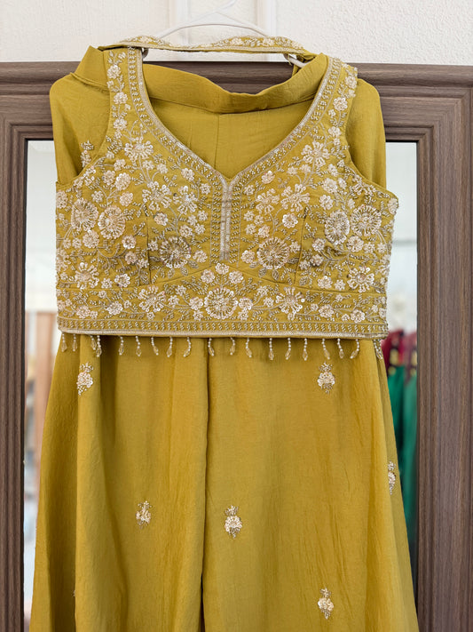 Yellow heavy handwork crop top palazzo neck dupatta