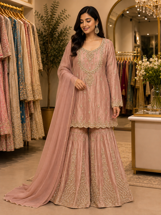 Onion pink salsa tissue heavy handwork sharara suit