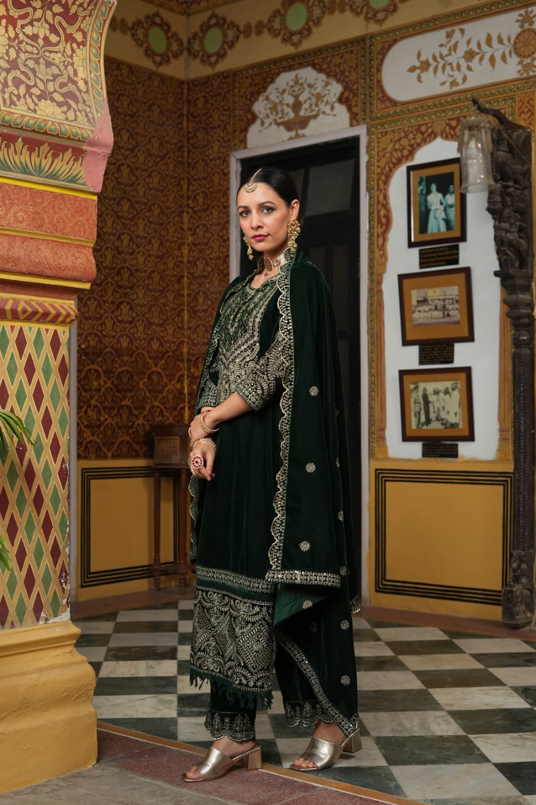 Green heavy embroidery sequence and mirror yoke velvet kurta set