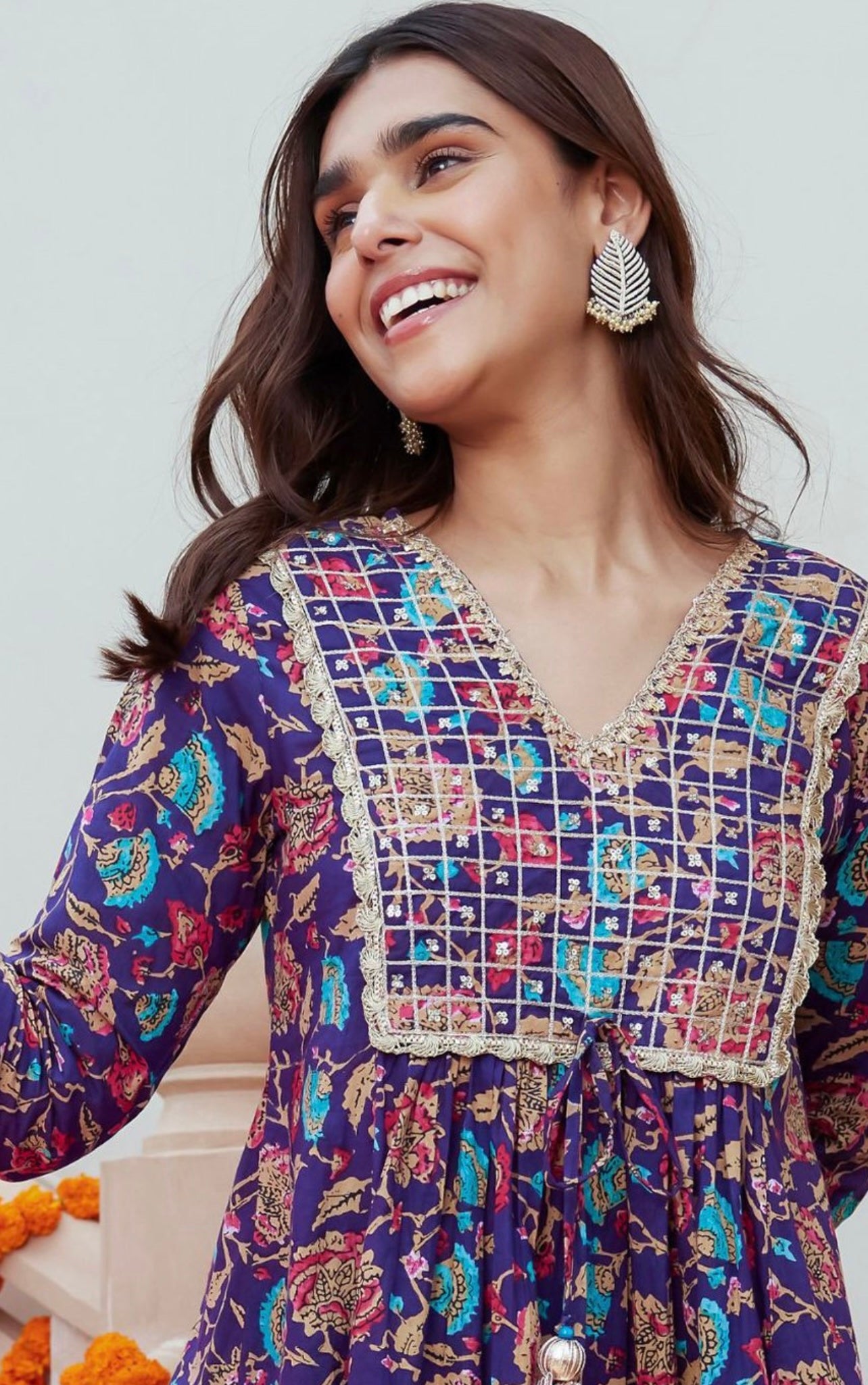 Purple floral cotton gota work A line kurta set