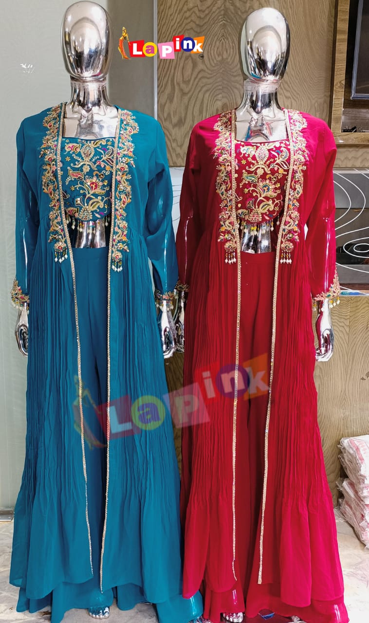 Hot magenta pink crop top palazzo and shrug indonwestern