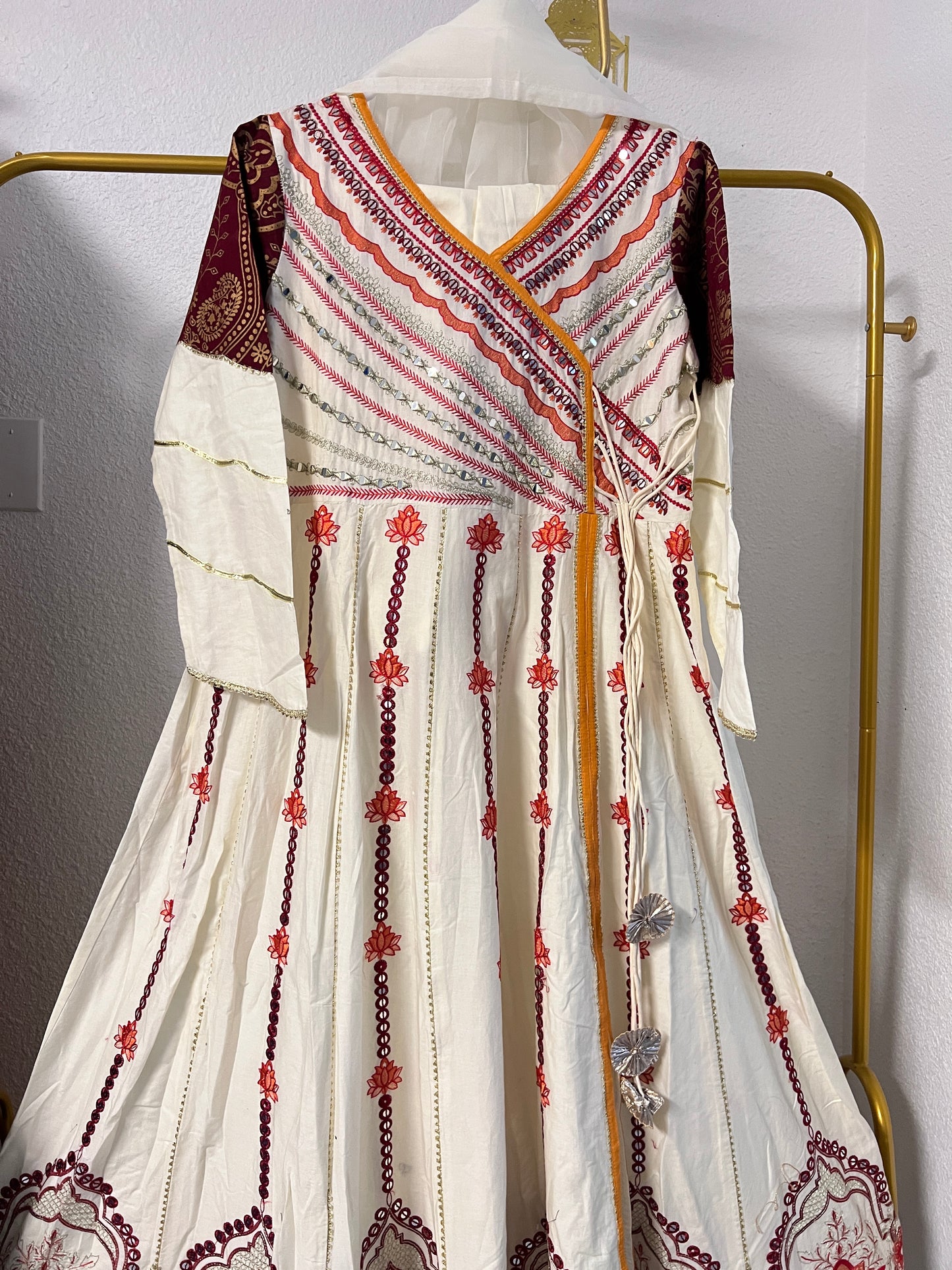 Cream heavy gota and mirror work anarkali kurta set