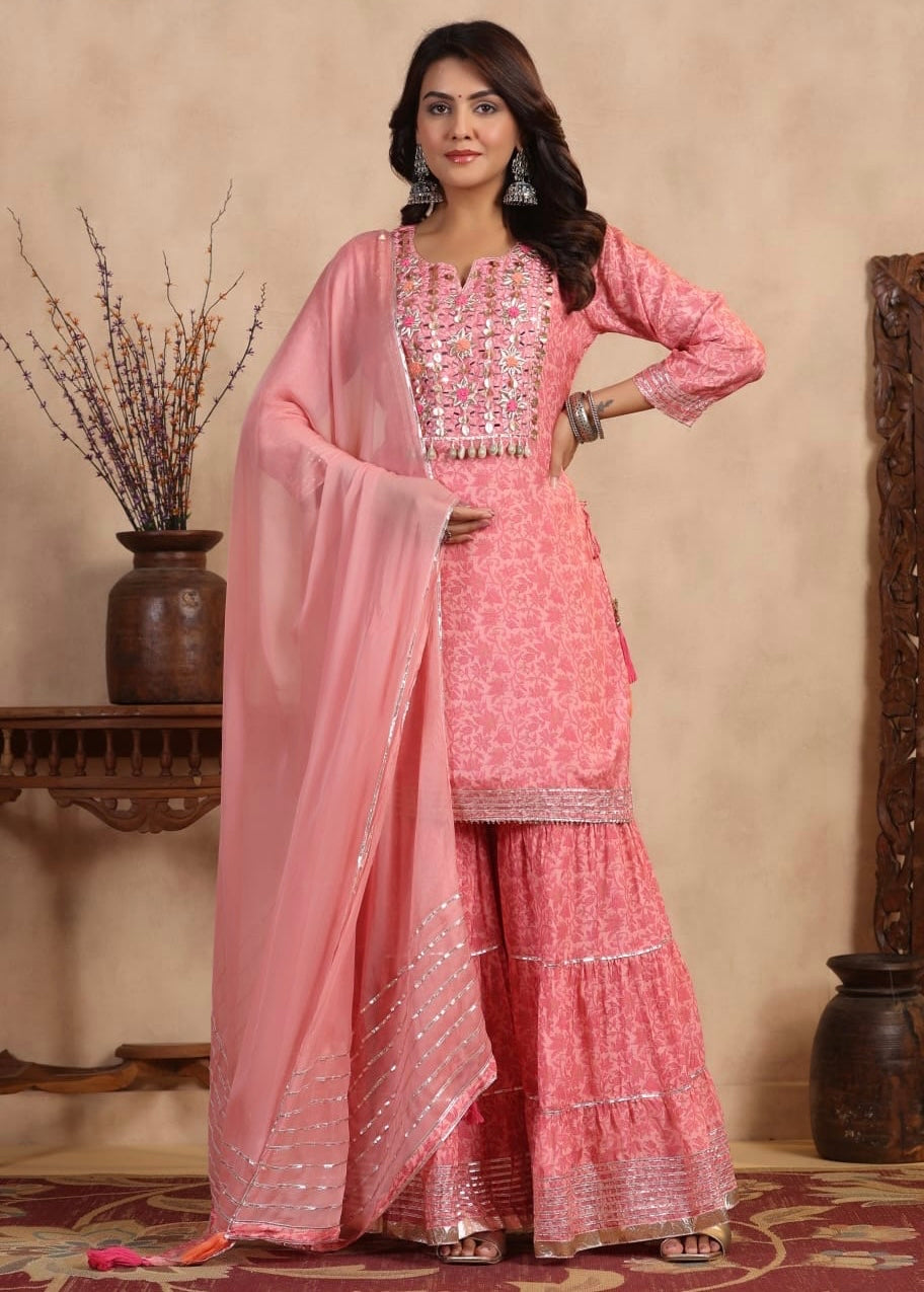 Pink heavy gota work premium fabric sharara suit