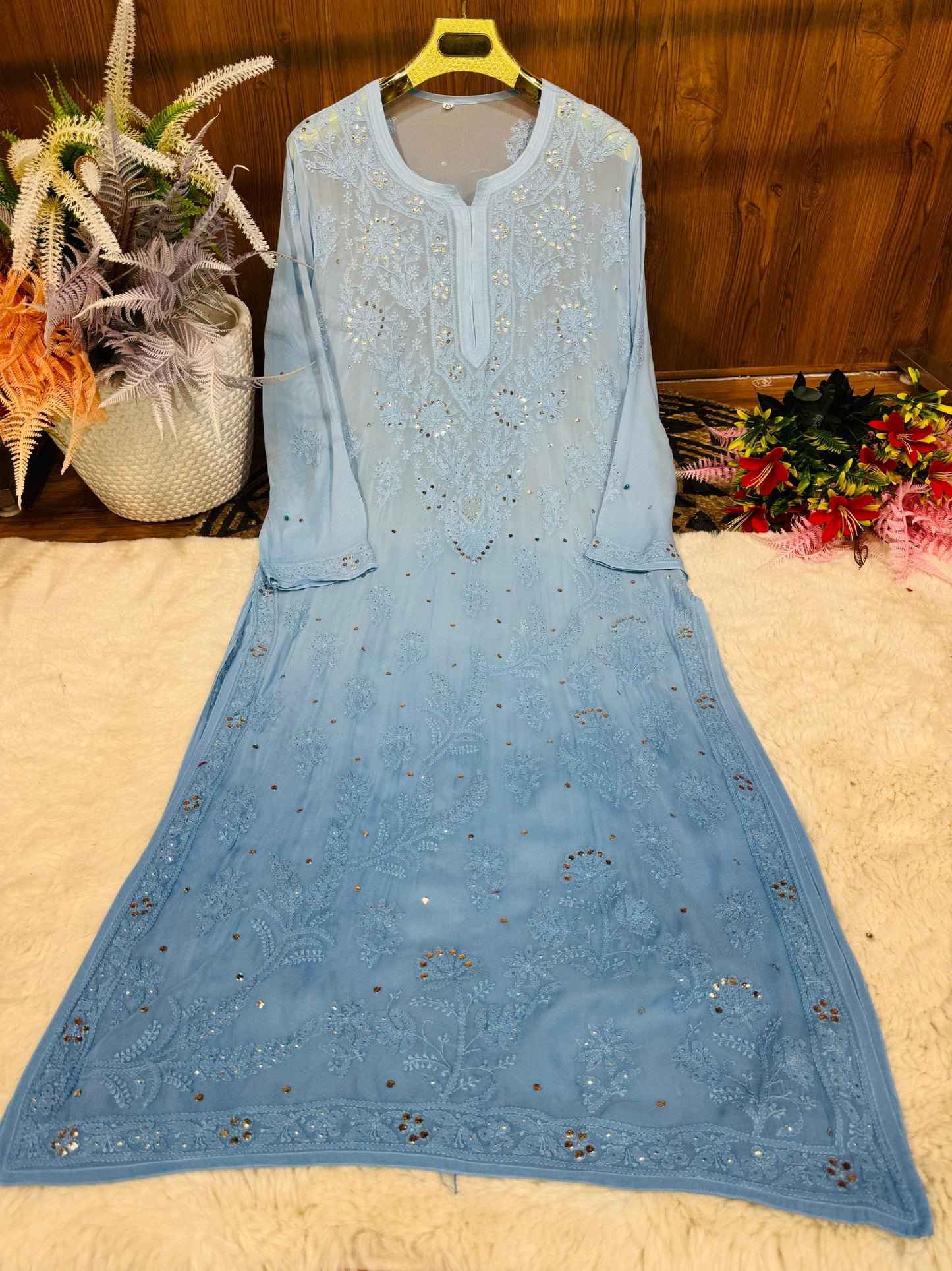 Plus size blue chikankari mukes work ombre kurti with lining