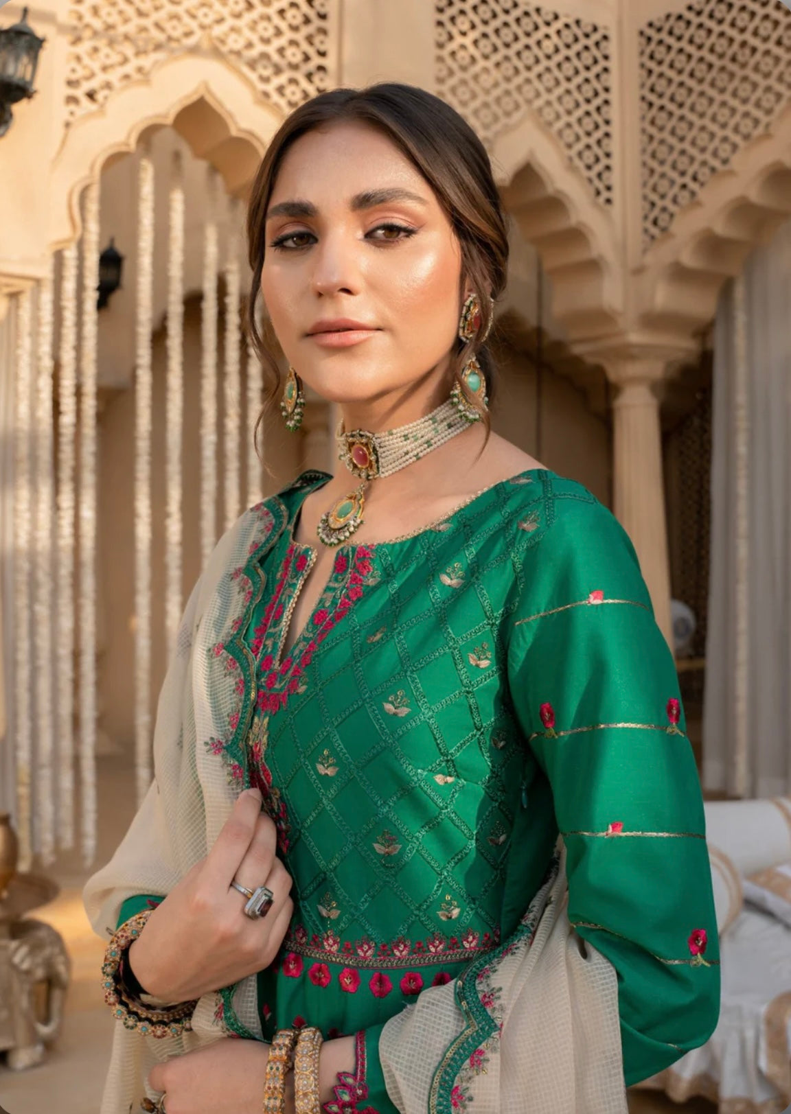 Bottle green flared anarkali kurta set