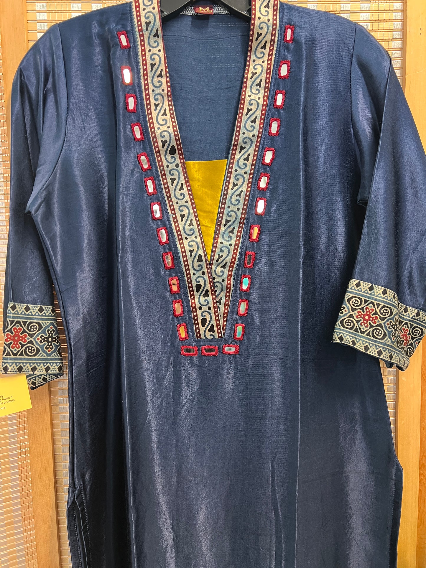 Navy Blue Pure gaji silk v neck kurti with real mirror work