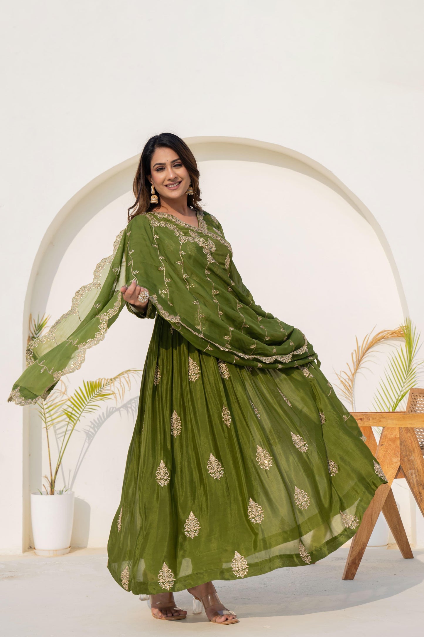 Green pure chanderi heavy work angrakha festive kurta set