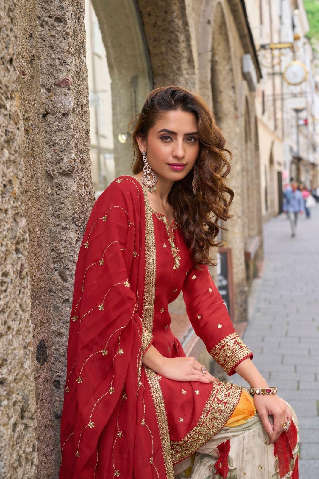 Red beautiful chinnon silk sharara suit
