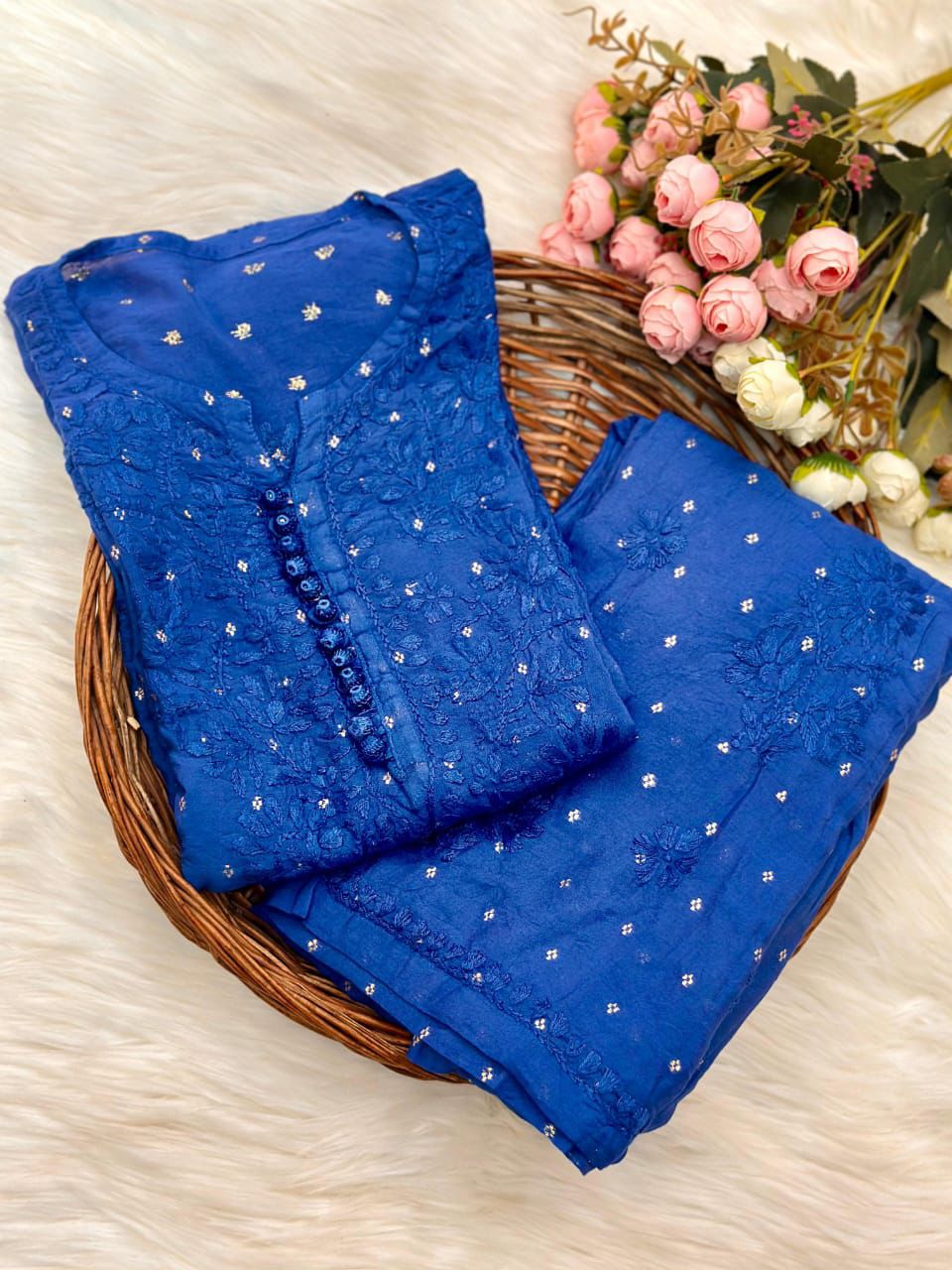 Navy chikankari blue premium chanderi kurta palazzo set