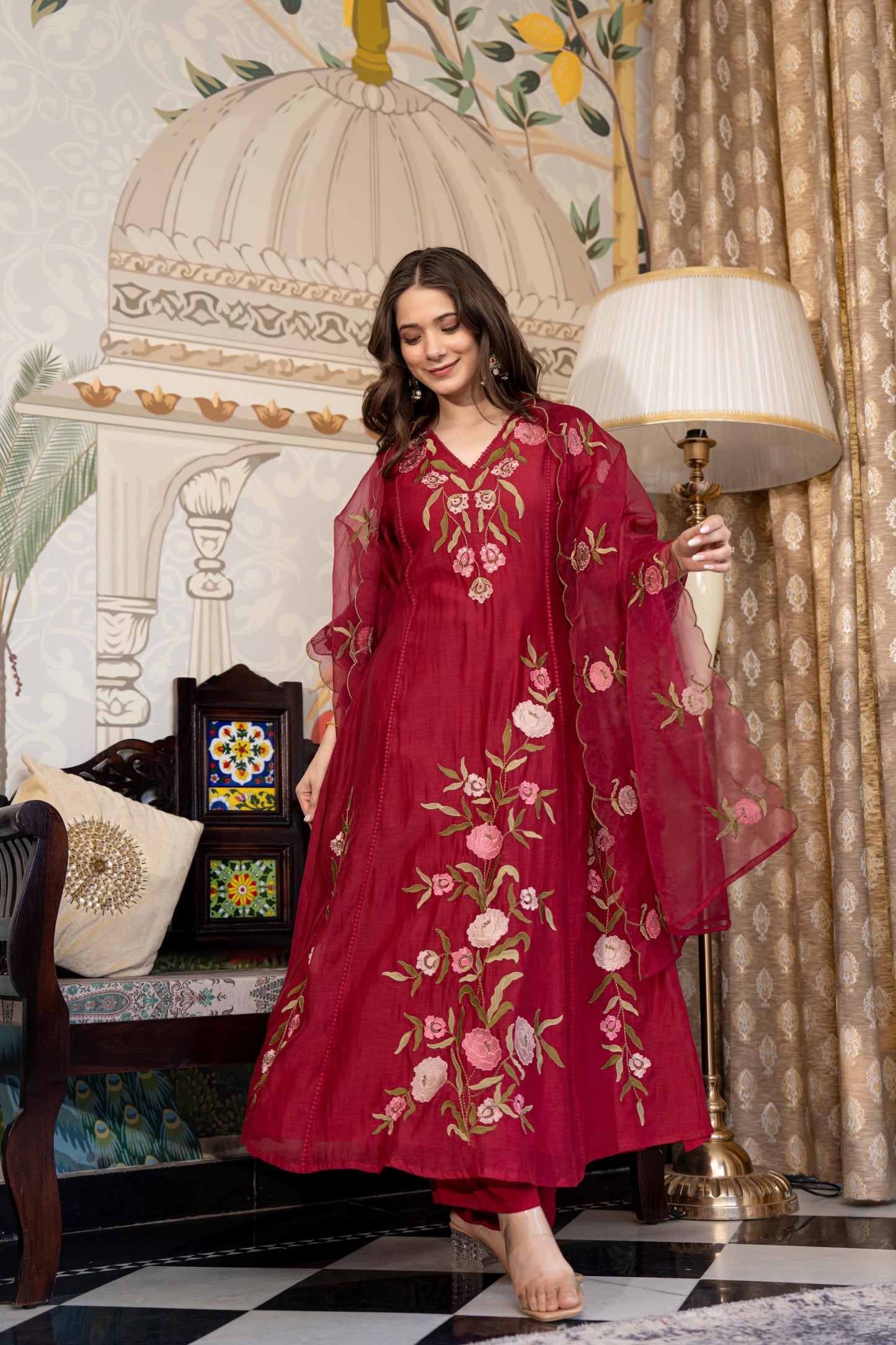 Wine pure mul chanderi stylish A line suit