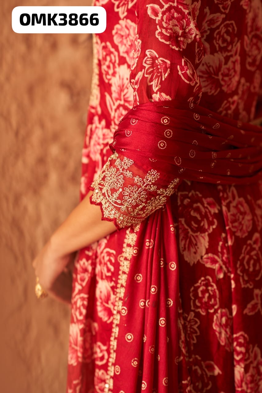 Red pure elegant chinnon silk floral anarkali kurta set