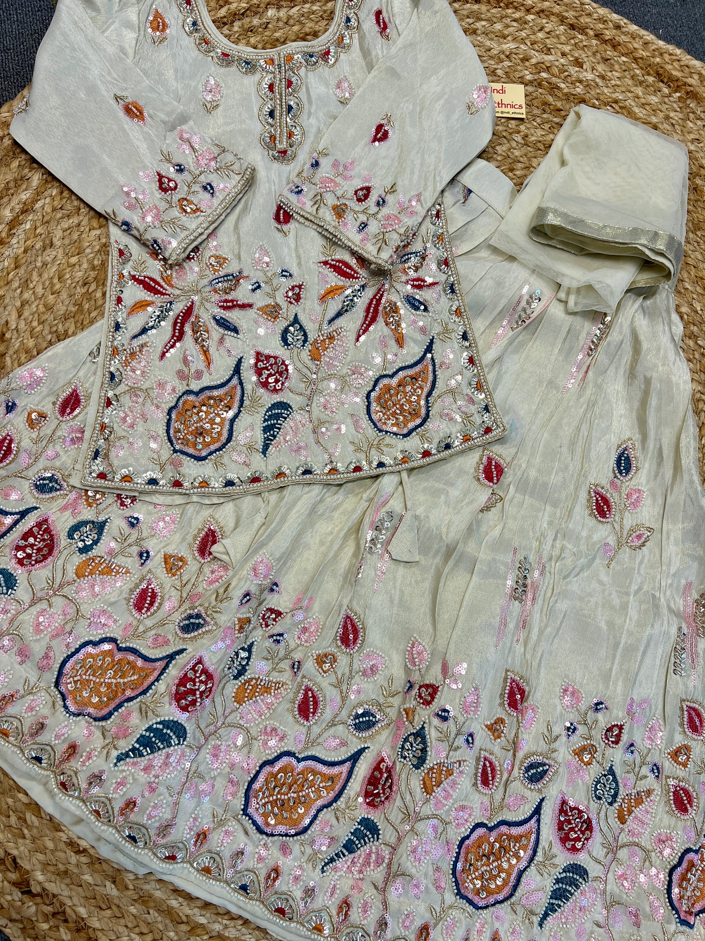 Girls Off white heavy handwork short top lehenga dupatta