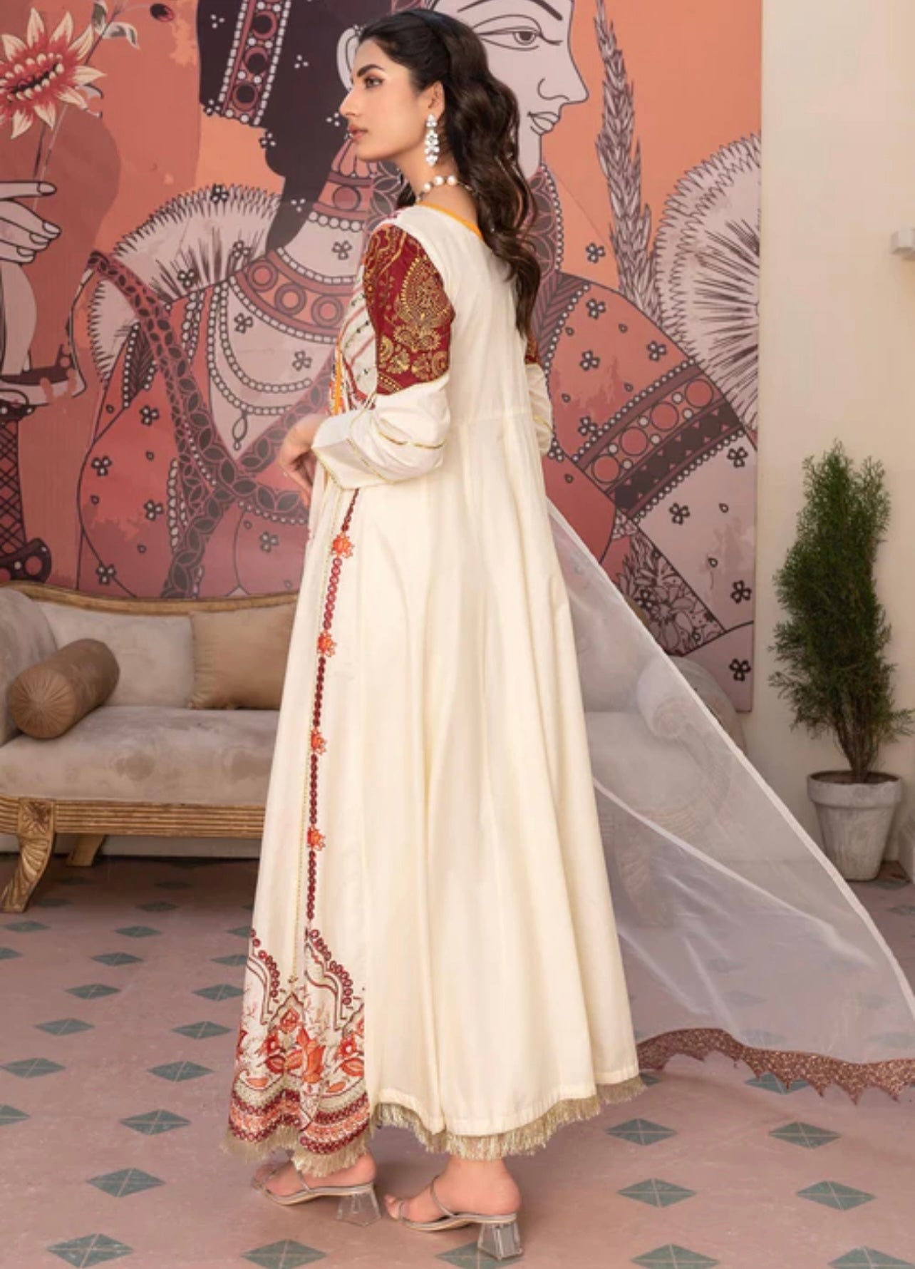 Cream heavy gota and mirror work anarkali kurta set