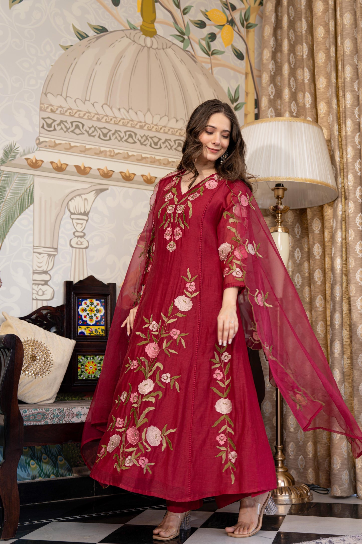 Wine pure mul chanderi stylish A line suit