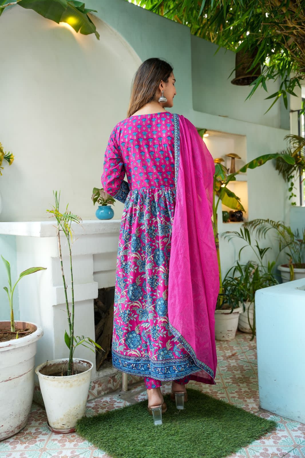Hot Pink Block printed Alia cut kurta set