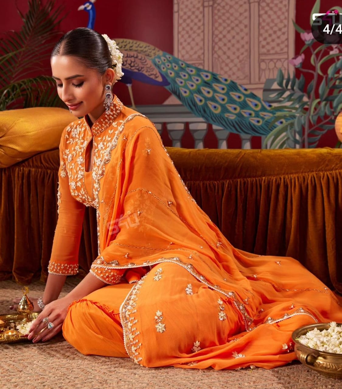 Orange Heavy handwork partywear predraped saree