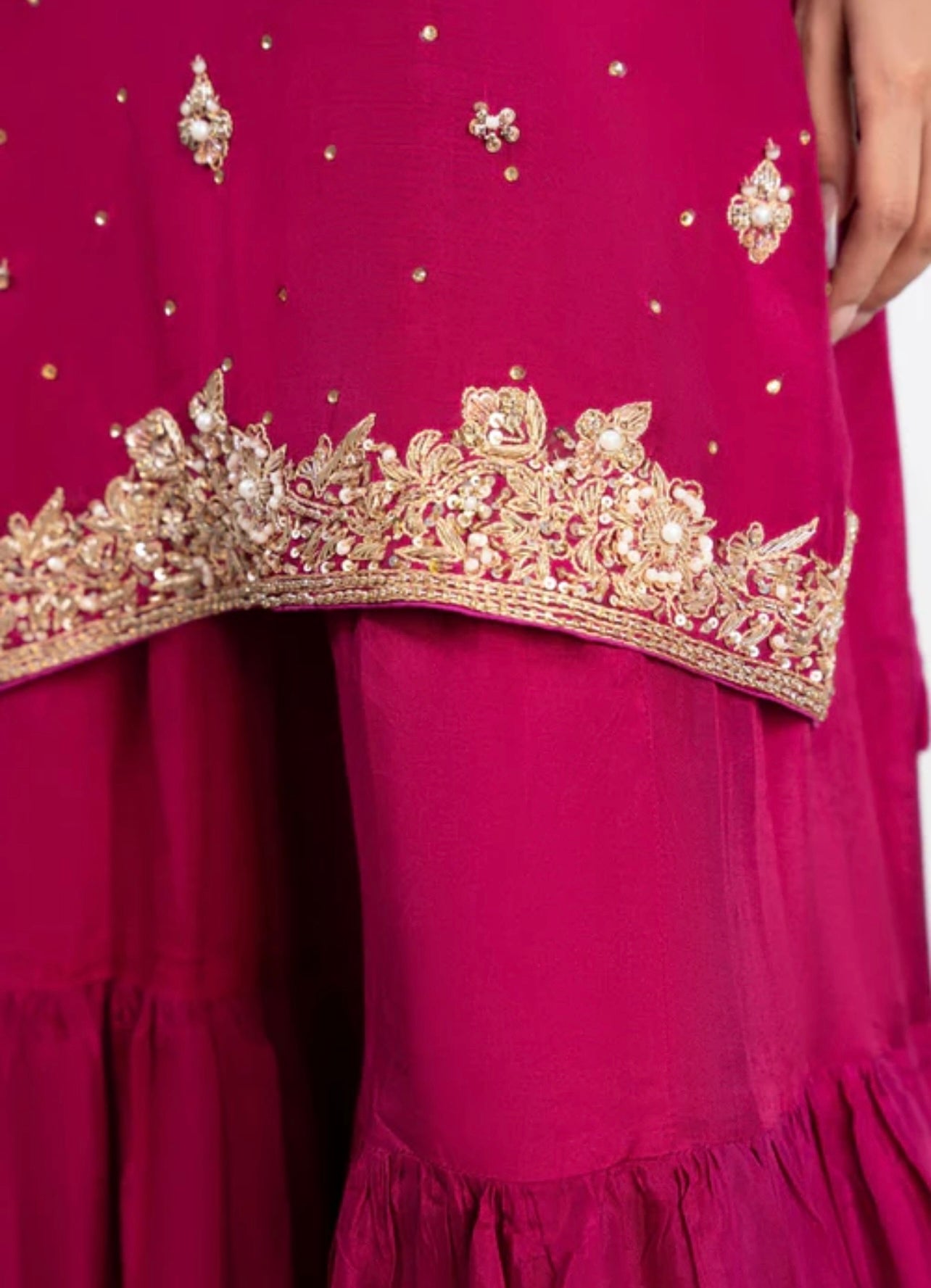 Wine heavy jardoshi work sharara suit