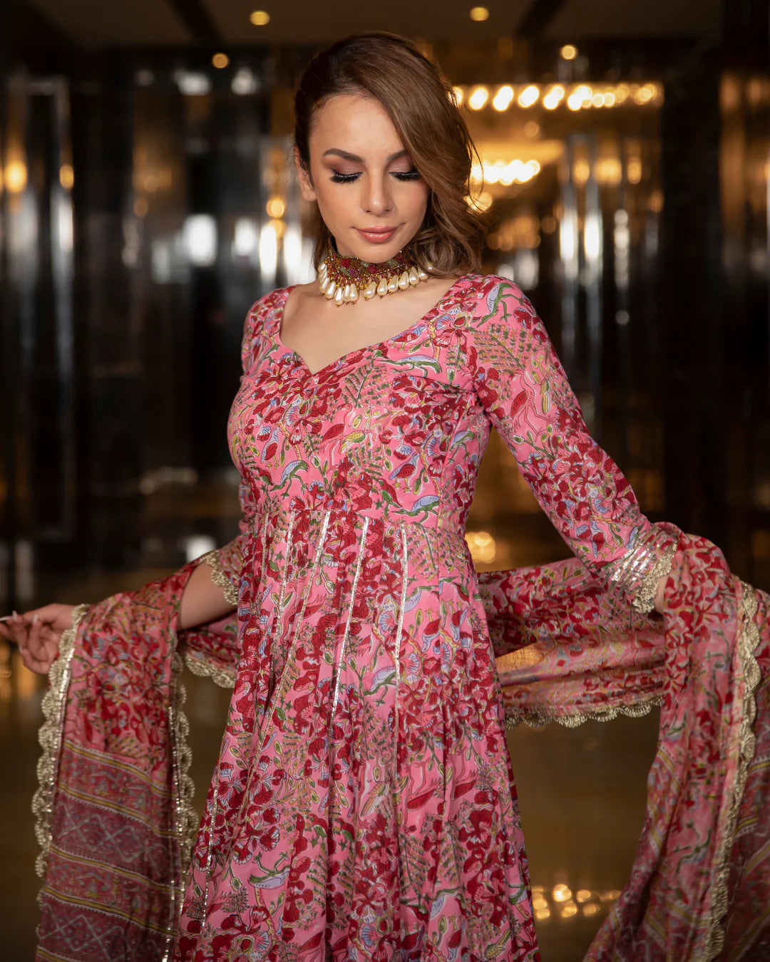 Plus size pink floral anarkali kurta set