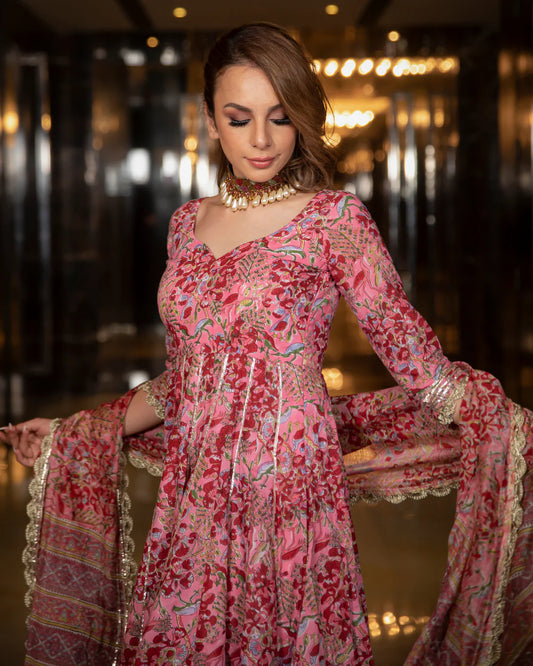 Plus size pink floral anarkali kurta set