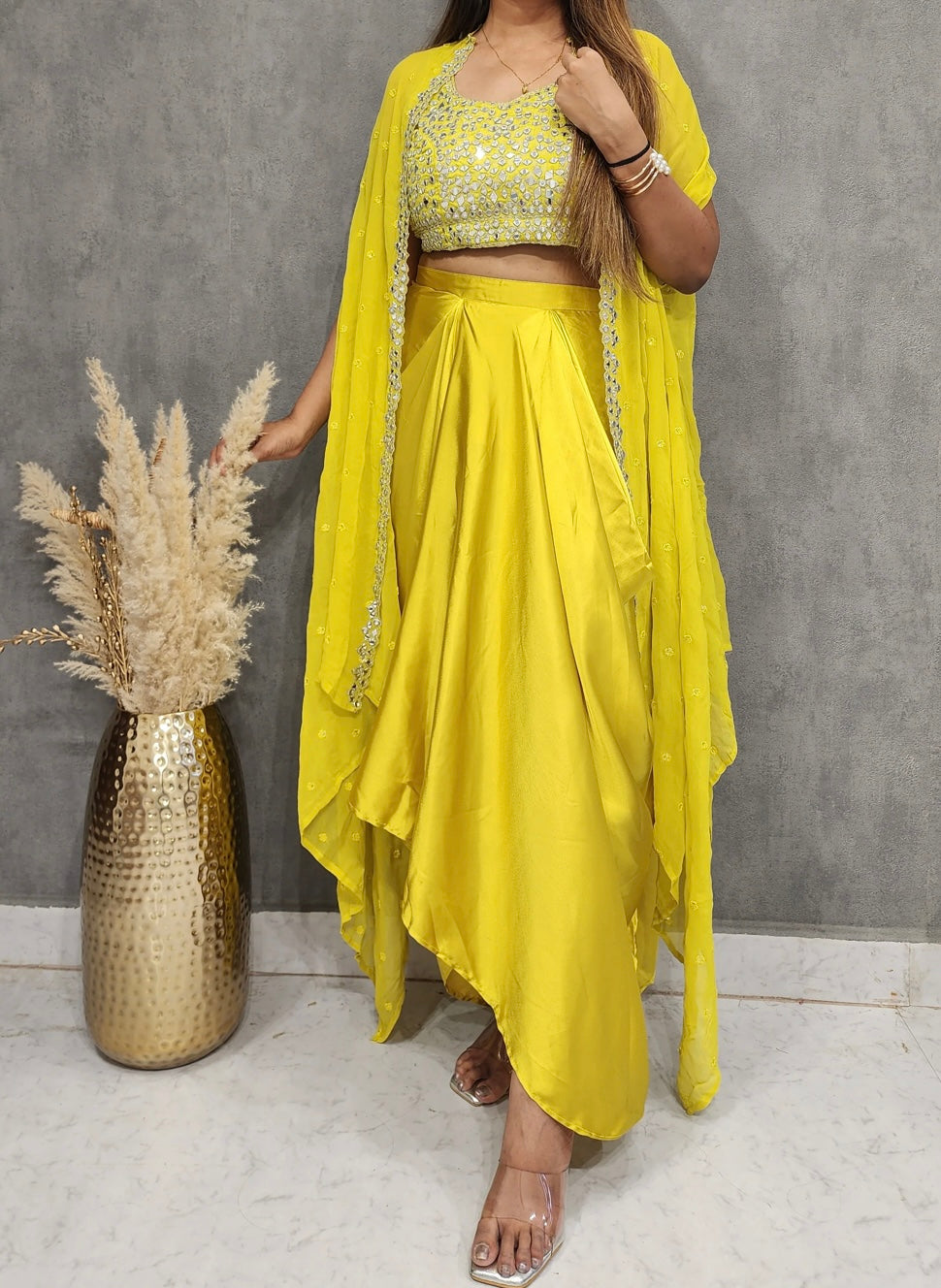 Lemon heavy mirror work partywear cowl set