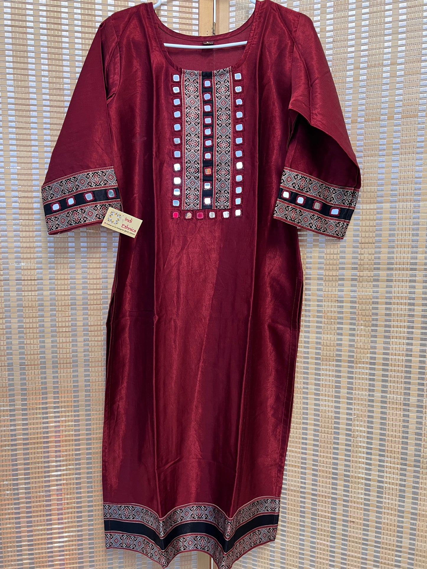 Maroon pure gaji silk kacchi work kurti with real mirror work