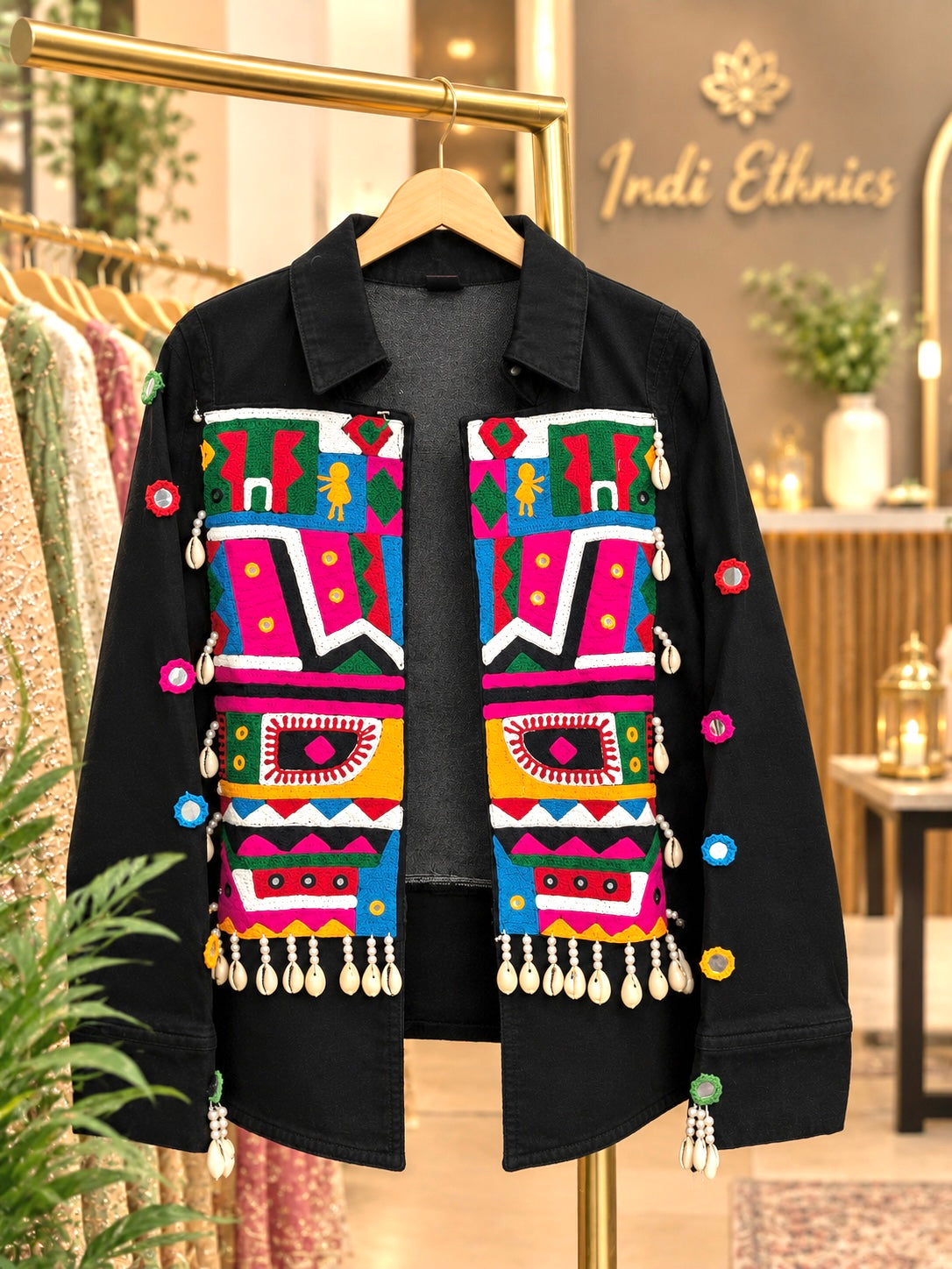 Black kacchi embroidered heavy patchwork jacket
