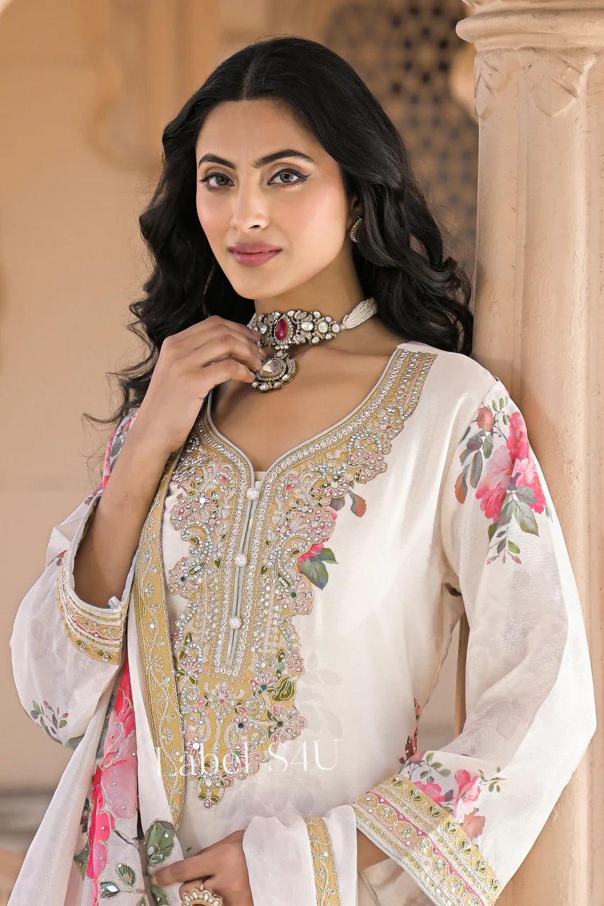 White floral partywear sharara set