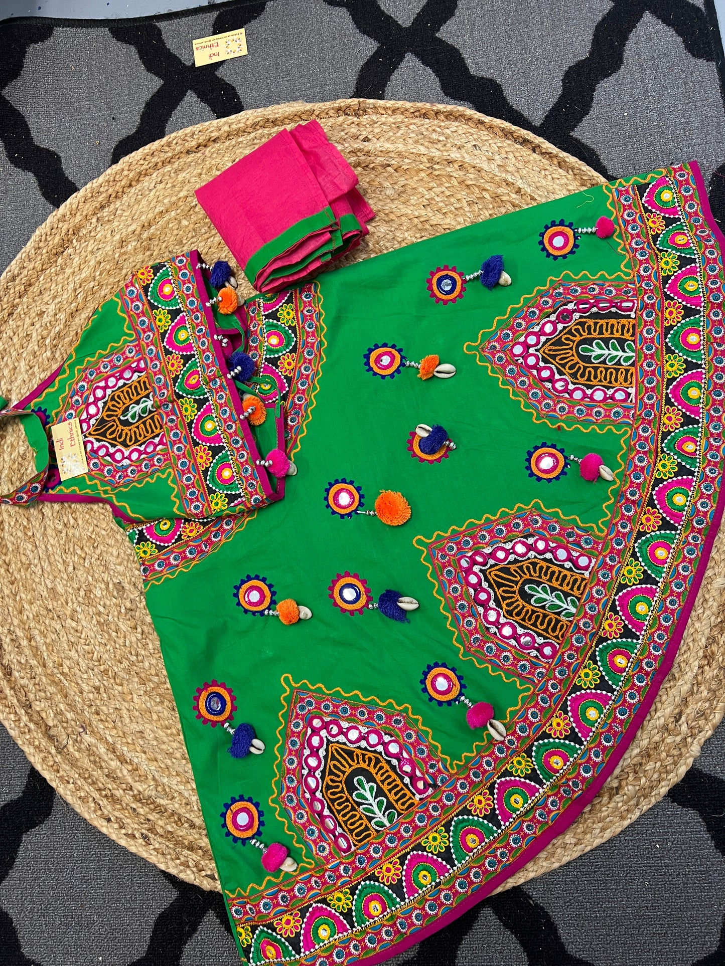 Green pure cotton embroidered & mirror work lehnega choli dupatta