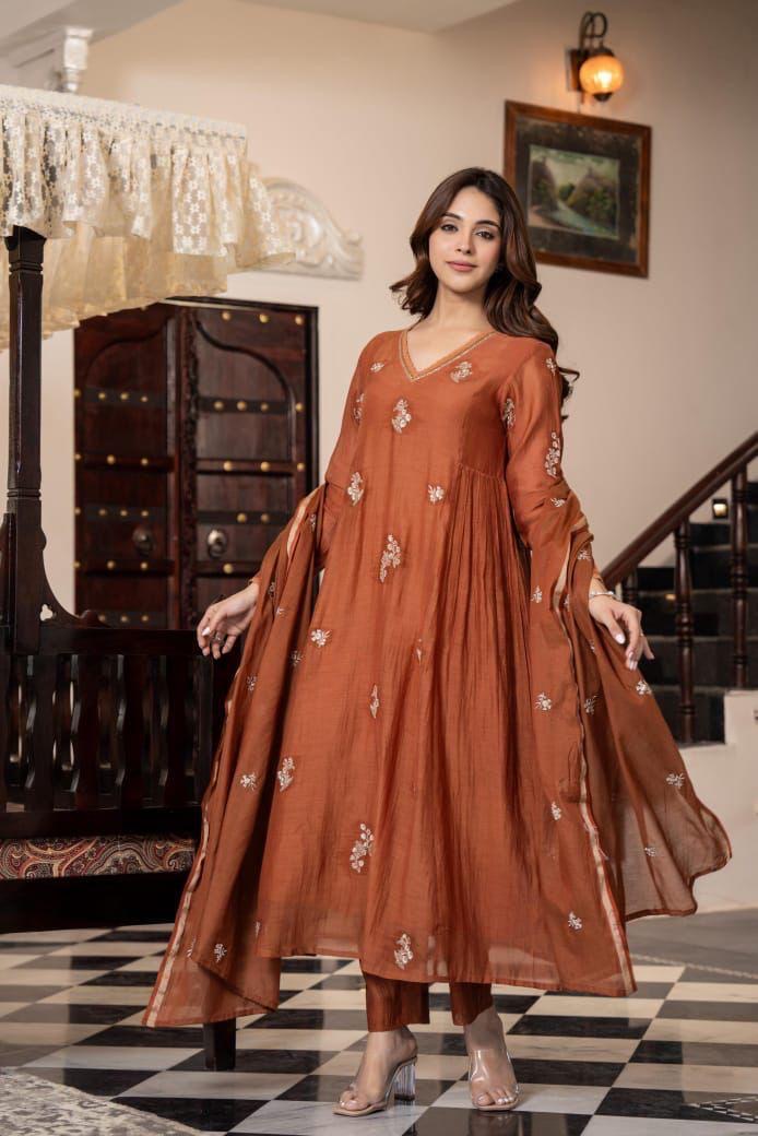 Rust pure mul chanderi embroidered suit