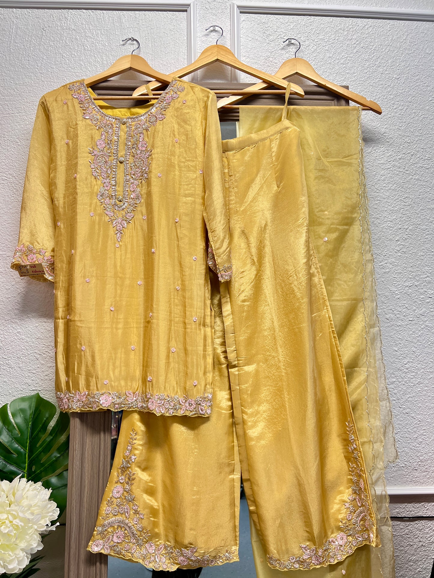 Lemon yellow pure shimmer tissue heavy handwork palazzo suit