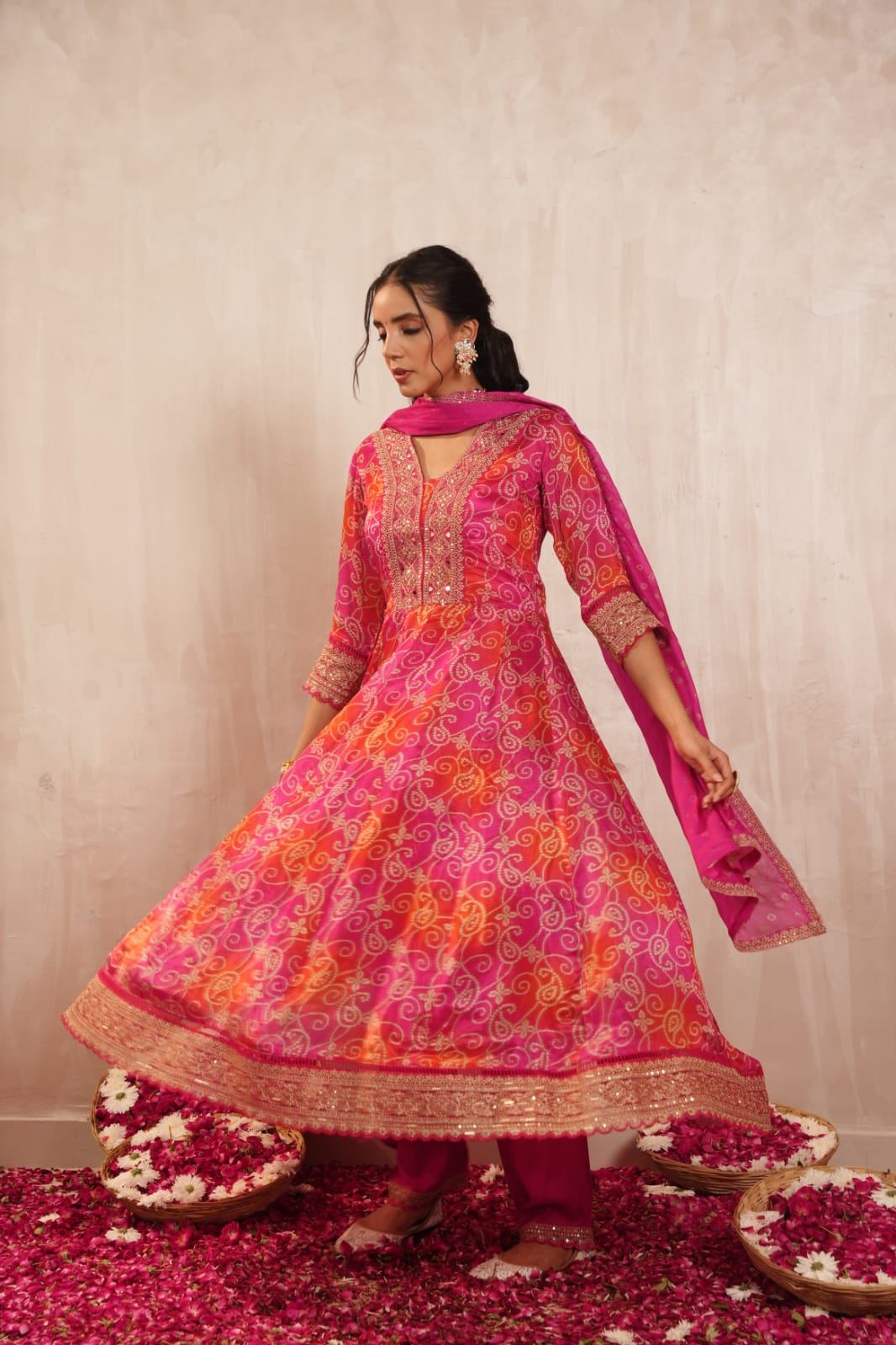 Pink and orange bandhni print stunning mirror work anarkali kurta set