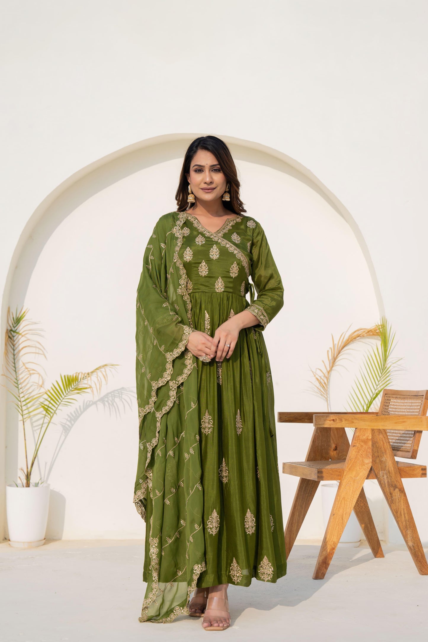 Green pure chanderi heavy work angrakha festive kurta set